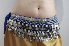 ROYAL BLUE coinbelt for bellydancing soft velvet, abundantly decorated with SILVER beads, coins and glitter band - one size fits S, M, Small, Medium