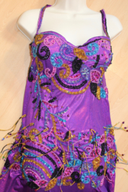 38/40 M/L - Baladi dress PURPLE stretch lycra, beaded fringe and sequins  TURQUOISE, GOLD, PINK decorated - Robe baladi VIOLETTE DORÉE NOIRE