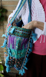 Banjari Indian Bohemian Hippy XL Bag TURQUOISE3 GOLD PINK , tassels and beads decorated