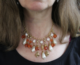 GOLDEN chain, Necklace, fake pearls, pearl drops and brown beads decorated