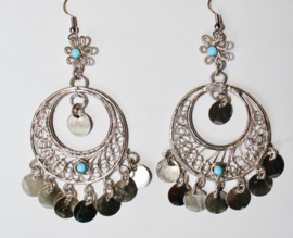 Egyptian Saidi style Earrings SILVER color with coins, flower decoration and TURQUOISE stone inlay