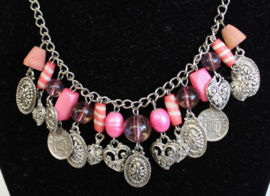 Fantasy 4 - Fantasy Necklace, chain, SILVER, shades of PINK  with coins, hearts and beads