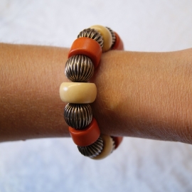 Bohemian Ibiza big beads bracelet IVORY ORANGE SILVER color