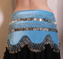 G37 -  L Large XL Extra Large - Velvet coinbelt TURQUOISE BLUE, SILVER coins and beads decorated with ondulating bottom