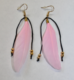 Light weight Hippy Chick Feather earrings SOFT PINK,  with GOLDEN beads