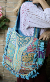 Banjara Boho India hippie tas tote bag tote bag TURQUOISE3 GOUD ROZE met kwastjes en kraaltjes