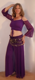 one size - 3-piece rehearsal costume : PURPLE stretch pants with overlayer + crop top + hipbelt - Ensemble VIOLET stretch 3-piece TOP + FOULARD + PANTALON voile