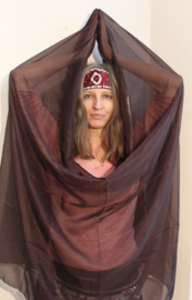 Bellydance veil rectangle DARK BROWN chiffon SILVER rimmed - Voile chiffon MARRON, bord ARGENTÉ + bandeau de tête couleur AUBERGINE