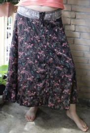 BLACK silk flowered Bohemian skirt, PINKISH ORANGE flower design - M Medium, L Large, Extra Large