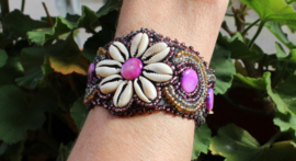 Ibiza bracelet nr2, fully beaded and Cowry shells decorated PURPLE OIL COLOR GOLD