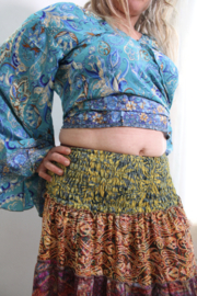 one size - Wrap and tie 2-layer GOLDEN BROWN PURPLE silk skirt with kashmir symbols