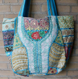 Lichtgewicht Patchwork Banjara Boho India hippie tas tote bag XL met 3 ritsen, GOUDEN borduurwerk, bloemen TURQUOISE14