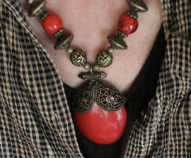 Tribal fusion RED pendant, necklace with RED and DARK GOLD colored beads