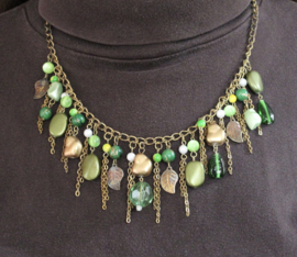 Boho hippie chique Springtime necklace, shades of GREEN on a GOLDEN chain