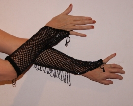 Sparkling crochet beaded gloves BLACK with beaded fringe OIL COLOR / MOTHER OF PEARL