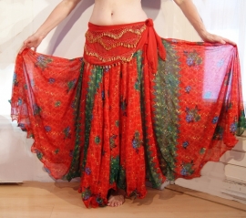 Bollywood 05 : Wijde multicolor cirkelrok met 2 splitten rood groen - Bellywood