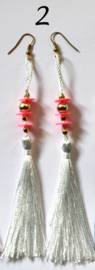 Tassel Earrings, WHITE, AQUA GREEN, GOLD, beads decorated - Boucles d'oreilles franges