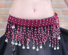 XL XXL - Crocheted hipbelt WINERED / DARK RED, cotton for bellydance , SILVER beaded and decorated with SILVER coins- Ceinture franges sequins pour la danse orientale entièrement crochetée BORDEAUX ARGENTÉ