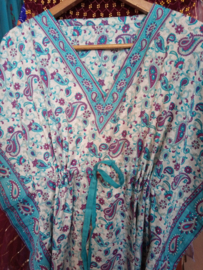 Kaftan, lange losse jurk TURQUOISE FUCHSIA ECRU, oriëntaals,  voor dame - one size fits S, M, L, XL Galabyya met V-hals - one size