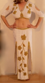 2-piece set / bellydance costume  : stretch velvet blouse + 2-slit skirt WHITE, GOLD decorated - Large Extra Large, L XL