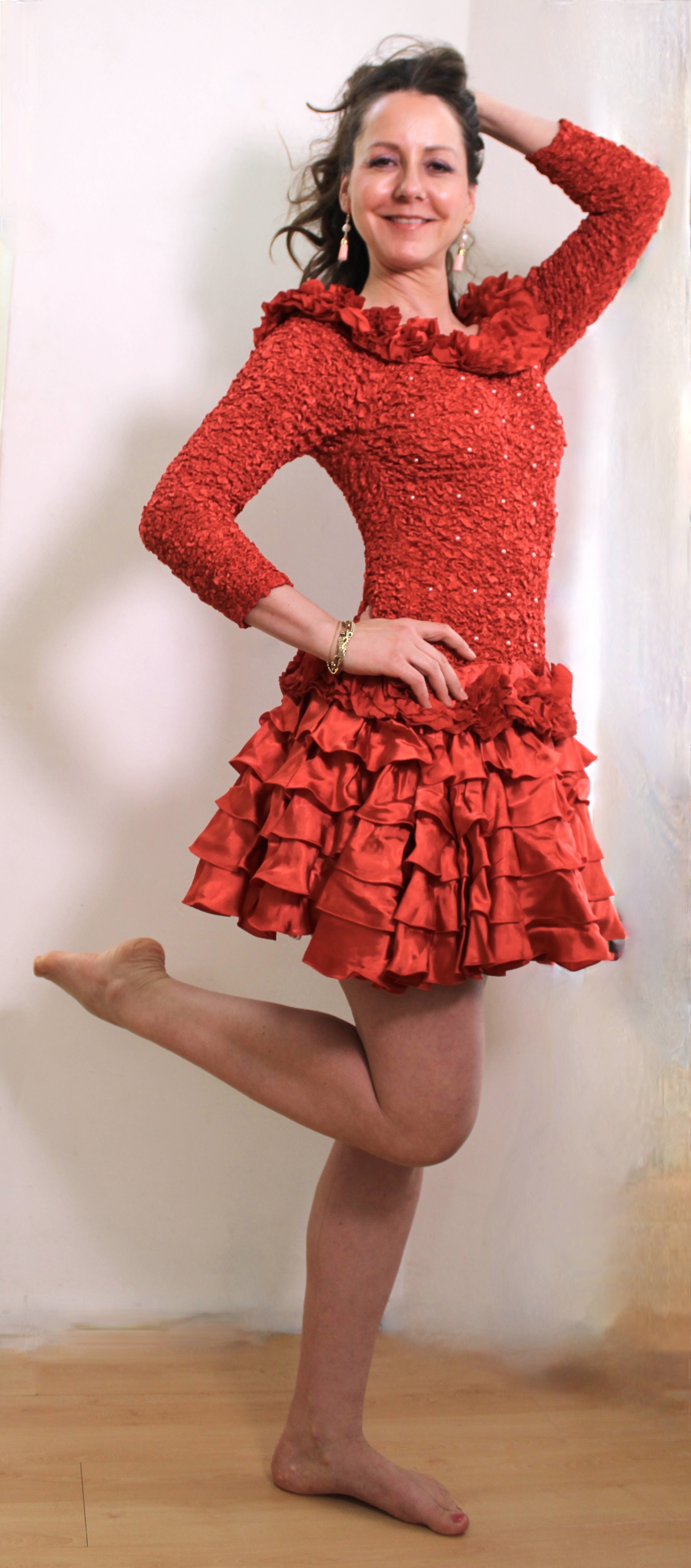 Coctail dress, party dress with fully elasticated top part and satin flounces skirt / lower part -  one size fits 38, 40 and 42