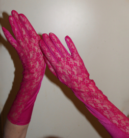 Small Medium lady - 1 pair of gloves FUCHSIA PINK with transparent lace outside  of the hand
