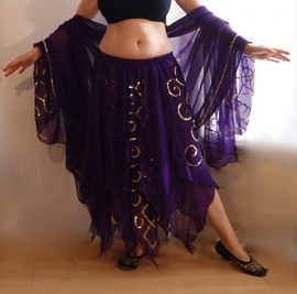 M L XL XXL - 2-piece Gypsy set PURPLE GOLD : skirt + veil chiffon, silver sequins embroidered