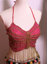 Glitter vlindertop FUCHSIA FEL ROZE met GOUDEN kraaltjes versiering, muntjes en kralenfranje - M, S, XS