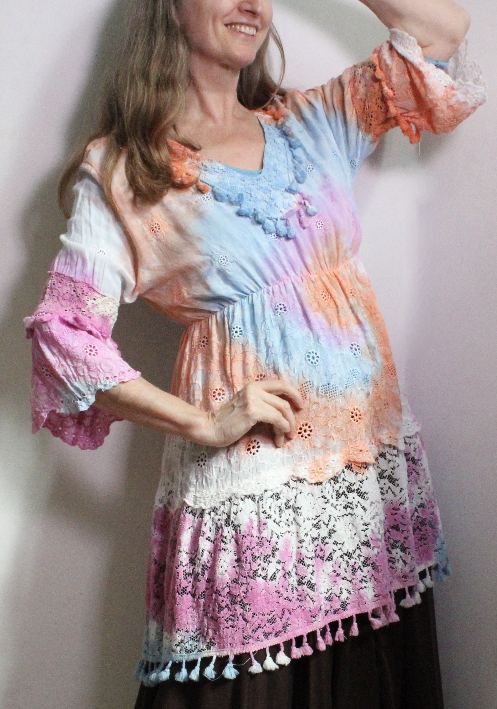 Pastel BLAUW, ROZE, ORANJE Bohemian tuniek, kort jurkje, lange blouse, met kant en borduurwerk, afgeboord met kwastjes band - S, M, L