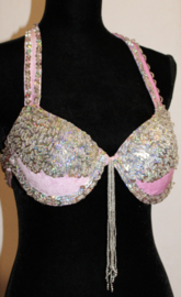 A, B, C 70-80 - SOFT PINK velvet bra, SILVER sequins and beaded fringe decorated - Top soutien gorge velours ROSE CLAIR  ARGENTÉ