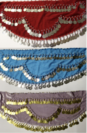 Meisjes / kinder buikdans luxegordel op fluweel met haakwerk en muntjes alle kleuren TURQUOISE, LILA, ROOD