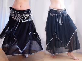 3-layer oriental tulip bellydance skirt BLACK, SILVER rimmed - one size fits XS, S, M