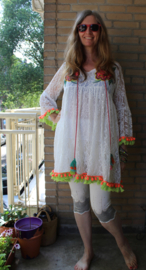 L XL- WHITE Lace blouse / tunic / short dress with MULTICOLOR flower applications, pon pon and fringe rimmed