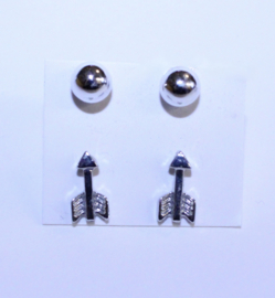 2 paar ZILVER kleurige stekertjes oorbellen: bolletjes + pijltjes voor meisjes of dames