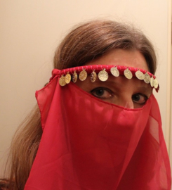1001 Night party veil FUCHSIA BRIGHT PINK with headband, decorated with GOLDEN coins "Amira"