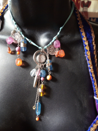 Fantasy 2 - Fantasy Necklace MULTICOLOR, SOFT PINK , TURQUOISE, SOFT BLUE, SILVER with coins, ring and beads