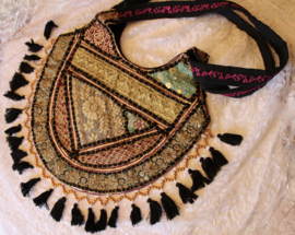Unieke Boho hippie chic Volle Maan handtas patchwork kwastjes borduursel met rits ZWART GOUD BORDEAUX TURQUOISE schoudertas - 38 cm x 29 cm