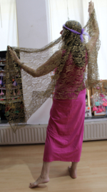 BLACK, rectangular, lace veil, GOLDEN flowers embroidered + matching hip shawl /headband - 240 cm x 105 cm