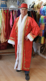Sultan / Sheik / Sjeik luxe harem jas ROOD met WITTE kunst bont rand en GOUDEN krullen versiering -  one size-  one