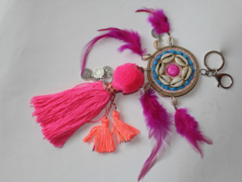 XL - Key ring NEON BRIGHT PINK FUCHSIA and ORANGE with tassels, Cowry shells and feathers