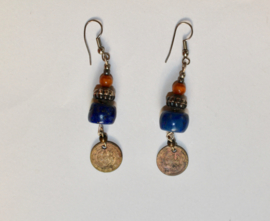 Tibet2 - Tibetan earrings with authentic beads LAPIS LAZULI BLEU, SILVER, coin