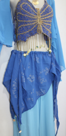 Asymmetrisch, semi transparant, puntenrokje BLAUW met ZILVEREN bloemetjes, chiffon- one size fits S, M, L, XL - size 36/38/40/42