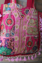 Patchwork Banjara Boho India hippie tas tote bag strandtas LICHTROZE2 FUCHSIA GOUD, met kwastjes en kraaltjes