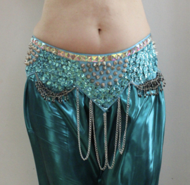 Tribalicious : 2-piece set sequinned Bra + hipbelt TURQUOISE SILVER, studs and chains decorated