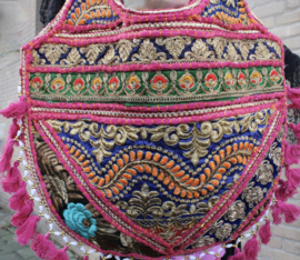 38 cm x 29 cm - One of a kind Bohemian hippy chic Full Moon patchwork bag FUCHSIA2 PINK BLACK YELLOW BURGUNDY MULTICOLORED