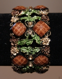 one size - Metal frame Bracelet " Flower Princess " GOLD, BROWN and GREEN decorated