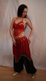 Harem2 - S, XS, XXS - 3-piece harem costume RED GOLD : headband + top + skirt all coins decorated