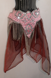 L / XL - Bellydance hipbelt  PINK satin, SILVER sequins and beaded fringe decorated