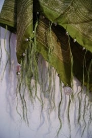 OLIVE GREEN triangular shawl with fringe, coins and bells