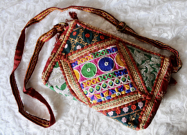 Unieke Boho hippie chic handtas patchwork, kwastjes, rits drukknoop BORDEAUX1 ORANJE TURQUOISE BLAUW - 23cm x 13 cm x 6cm